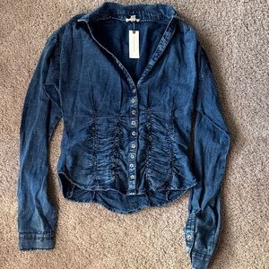 Pilcro Indigo Denim Button-Front Shirt with Ruched Waist